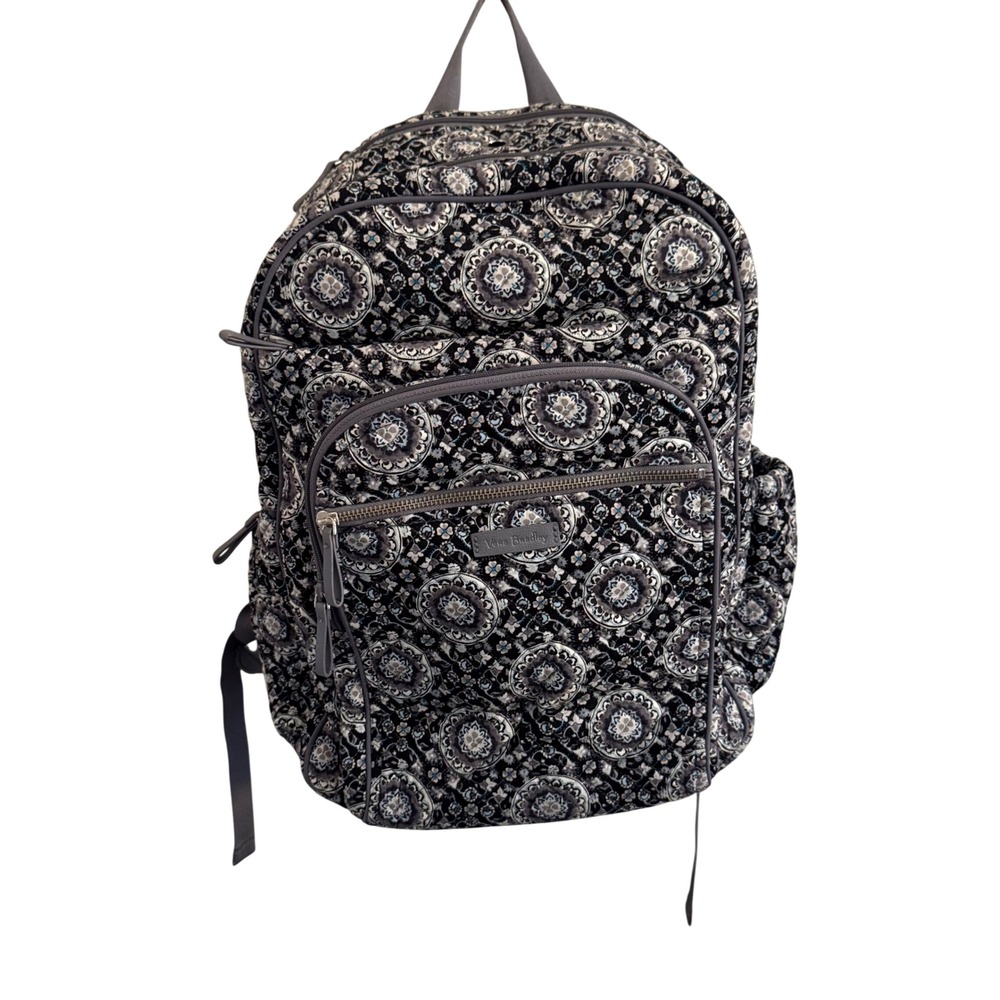 Vera Bradley Quilted Cotton Backpack Medallion Floral Black Grey Blue